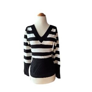 Black and White Double V-Neck Striped Sweater